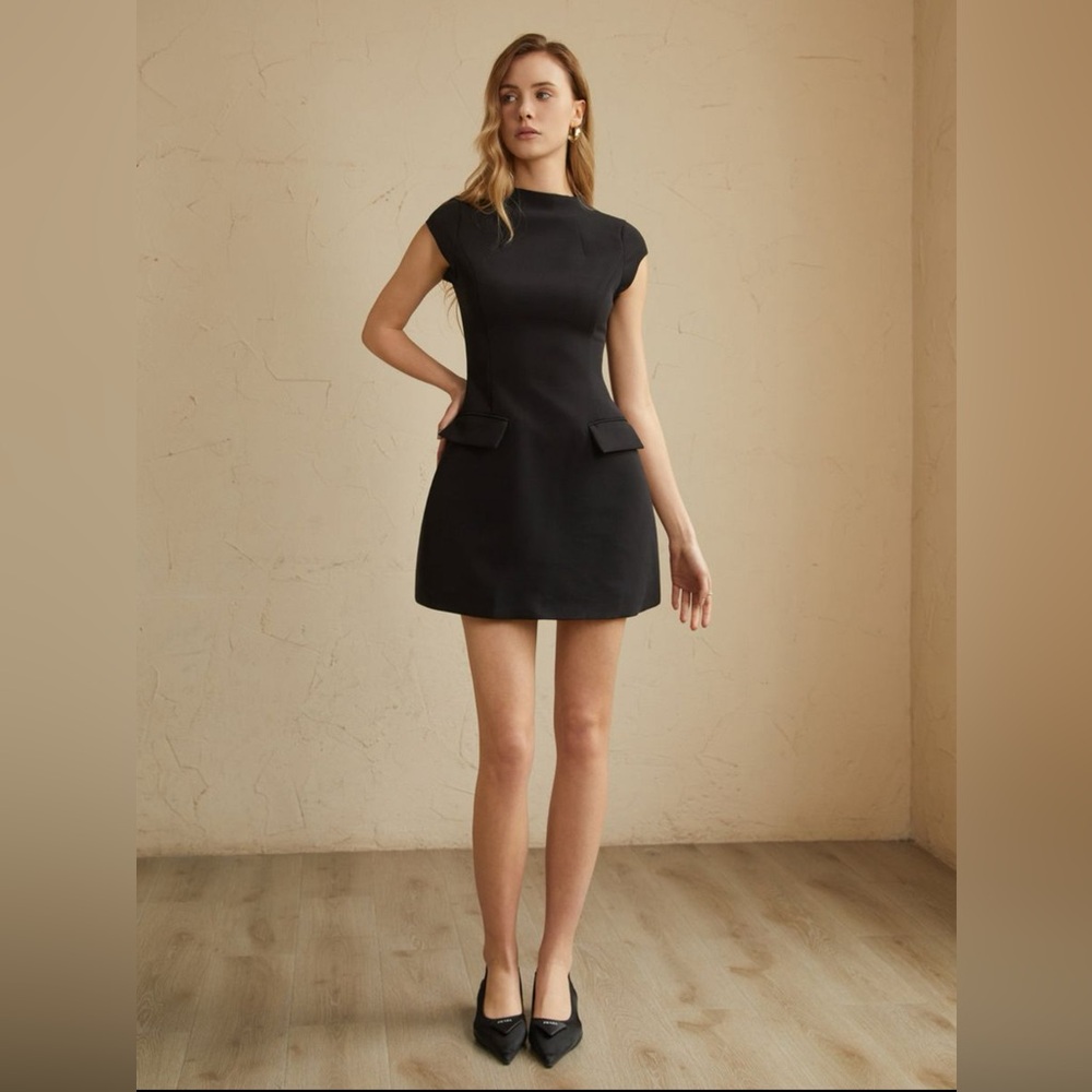 Cap Sleeve Elegant A Line Mini Dress in Black - Picture 3 of 7